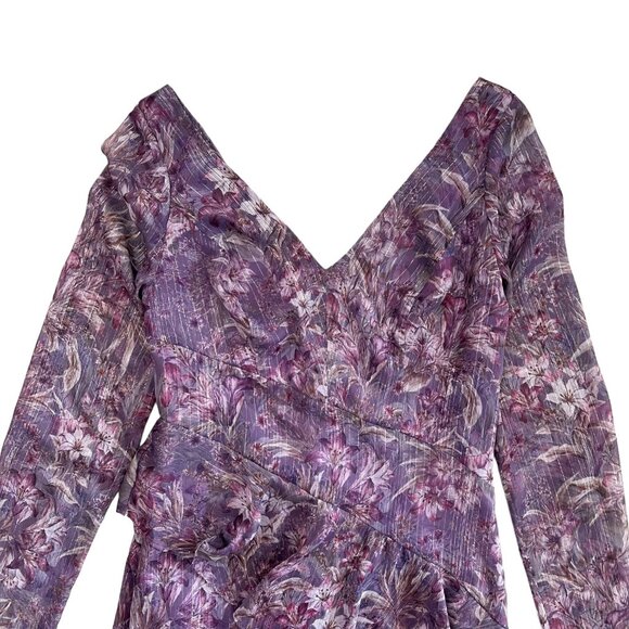 Marchesa Notte Floral Chiffon‎ Asymmetric Ruffle Maxi Dress 6 Purple Romantic - Picture 3 of 16